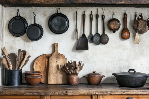 Collection of various cast iron pans hanging in a rustic kitchen
