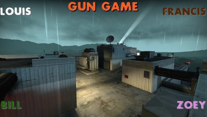 Left 4 Dead 2 Parish rooftop ammo cache, survivors low on ammo, dramatic lighting, sense of urgency, Source engine screenshot, high resolution.