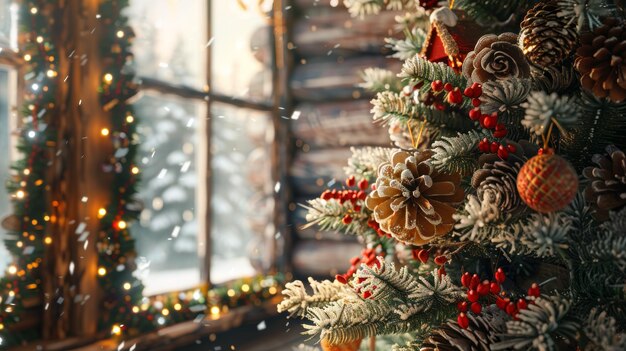 A pinecone garland draped across a mantelpiece, adorned with twinkling lights and other natural holiday decorations