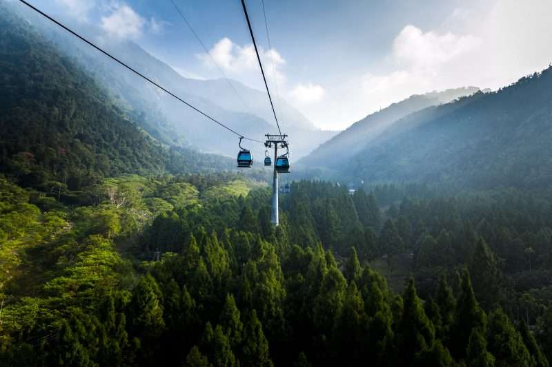 A photo of a Metrocable car ascending towards the mountains, showcasing the lush green landscape and the vibrant cityscape below. The alt text emphasizes the unique transportation experience and accessibility to nature.