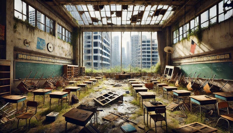 A long corridor in the abandoned school, littered with debris and signs of the apocalypse.