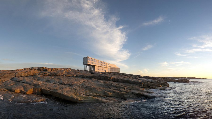 Fogo Island Inn at night overlooking the ocean