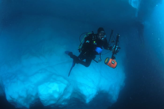 A diver silhouetted against a wall of ice, with sunlight streaming through cracks and crevices, creating a dramatic and ethereal underwater scene.