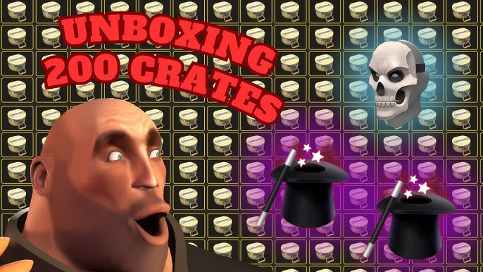 Team Fortress 2 Mann Co. Supply Crate opening animation, in-game, dramatic lighting, focus on the unboxing reveal, crisp, high resolution.