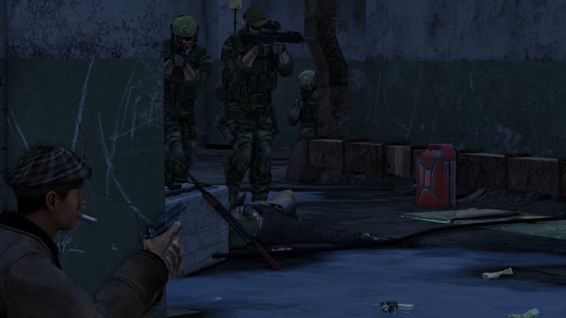 In-game screenshot of the parking garage area in Labs, showing a scav patrolling near the black gate.