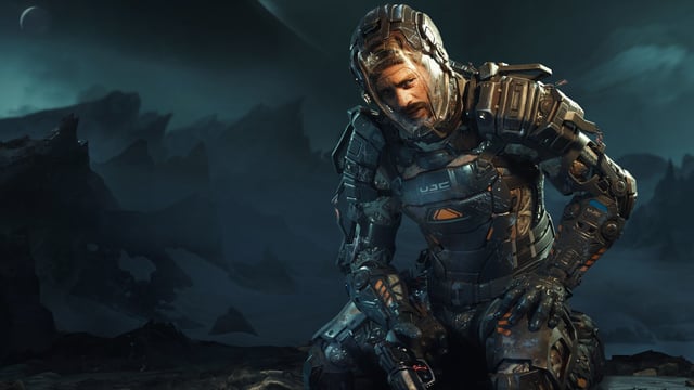 A digitally manipulated image of developers walking away from a stylized, subtly crumbling Striking Distance Studios logo at sunset.