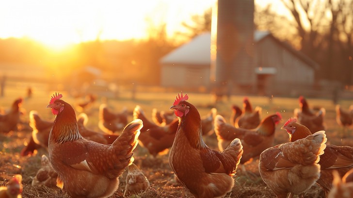 Close-up image of a Barred Rock chicken pecking at the ground within a chicken tractor.