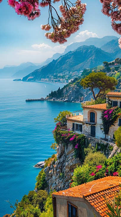 Bougainvillea in Ravello with Amalfi Coast in the background