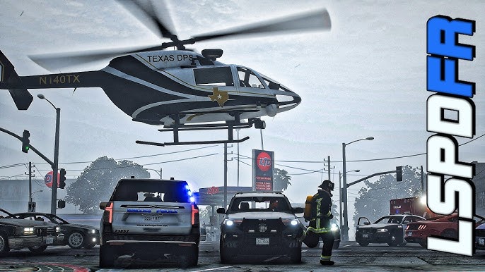 A chaotic scene from a bank robbery callout. Multiple police units are on scene, with officers taking cover behind their vehicles and engaging in a firefight with armed suspects. The image conveys a sense of urgency and danger, with muzzle flashes, shattered glass, and debris scattered around. The scene takes place during broad daylight for maximum visibility of the action.