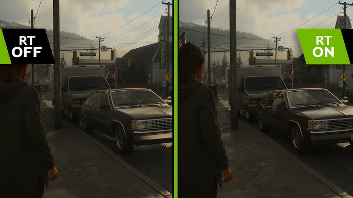 A high-resolution character render of Alan Wake, his face etched with stress and determination, with the haunting Dark Place environment blurred in the background.