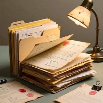 A close-up of a page from a declassified document, covered in handwritten notes and annotations. The aged paper and faded ink suggest a historical document under intense scrutiny, possibly containing hidden clues or secrets.