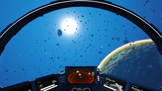 Before-and-after screenshots of a planet in No Man's Sky with and without Exosolar's Beyond Realism installed, showcasing the improved texture detail. Focus on surface rock formations and planetary ring details.