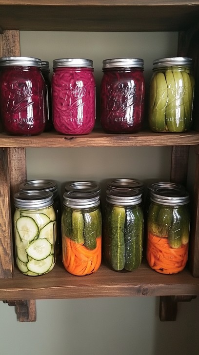 Rows of colorful jars containing preserved vegetables, showcasing the variety of a home-canned harvest. #pickling #canning #foodpreservation