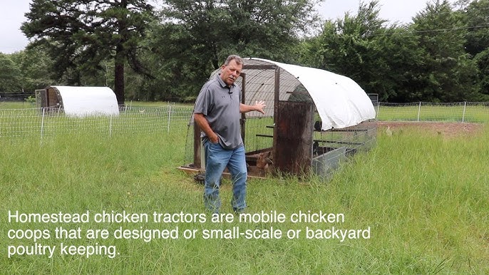 Two A-frame structures stand upright, demonstrating the basic framework for the chicken tractor's support.