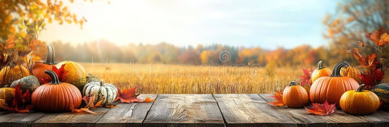 Fall farmhouse product display with pumpkins, gourds, and autumn leaves on a rustic wooden table