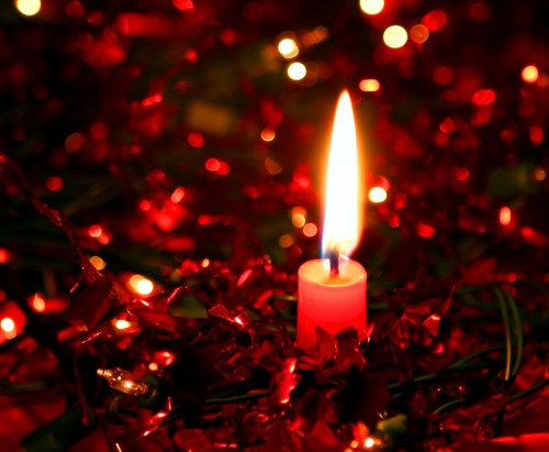Close up of a Yule log with candles burning, casting a warm and inviting glow on the natural decorations.