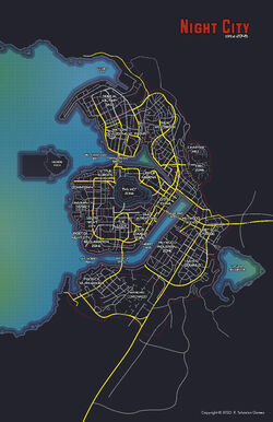 Cyberpunk 2077 screenshot of character walking through Night City at night