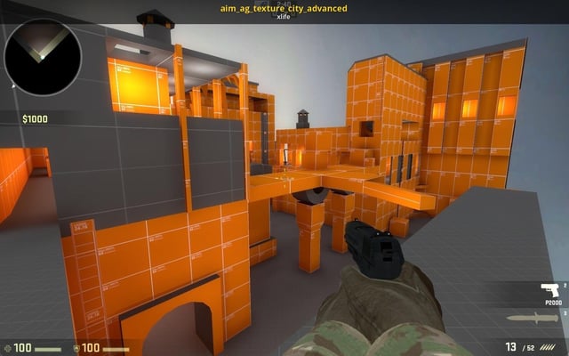 Gameplay screenshot of Counter-Strike: Source on bhop_eazy, showing a CT-sided player successfully bunnyhopping through a section of the map, with a focus on the character's feet and the immediate path ahead, with the graphical settings at the highest possible level with 4x anti-aliasing and 16x anisotropic filtering.