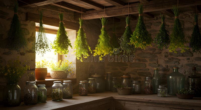 Dried herbs hanging in stone cellar