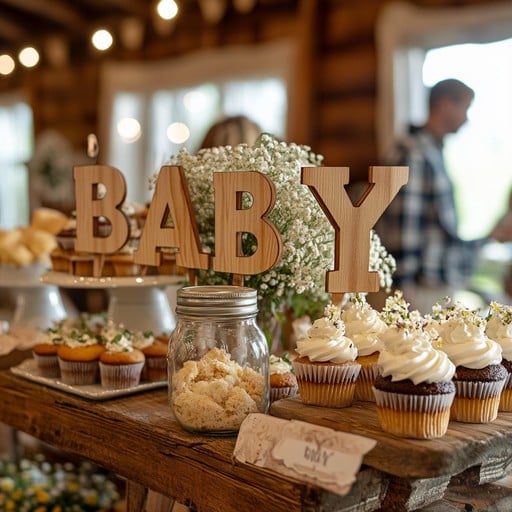 An elegant display of baby shower treats, featuring bath salts, lotions, and candles, showcasing an apothecary style.