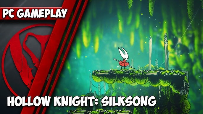 Image showcasing Hornet jumping through a forest in Silksong. The art style reflects the same handcrafted, detailed design as Hollow Knight. The area has a desaturated green tint with hints of orange from the foreground flora. This image exemplifies Silksong's hand-drawn art style and complex level design.