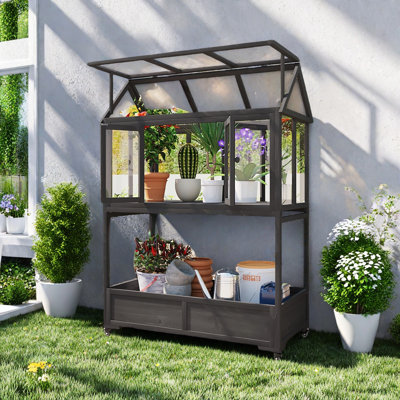 Garden Wood Portable Cold Frame Greenhouse With Openable Roof, Drainage Troughs And Storage Box