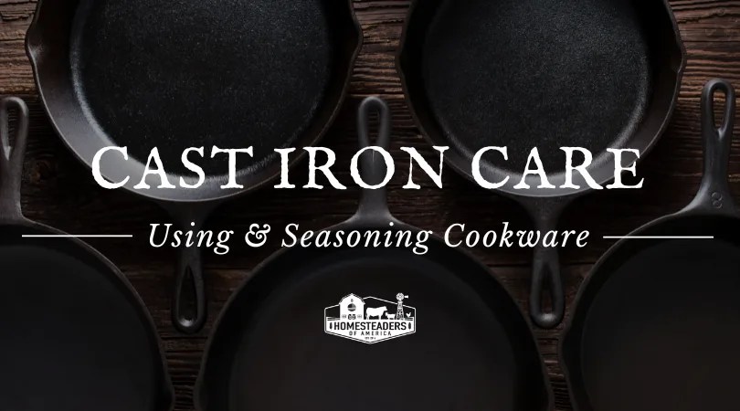 A sequence of four time-lapse photographs arranged horizontally. Each photo shows a cast iron skillet being seasoned in the oven. Image 1: skillet fresh from cleaning coated in oil. Image 2: Skillet having baked for 20 minutes. Image 3: After baking. Image 4: Skillet completely cooled showing a deep black, even finish.