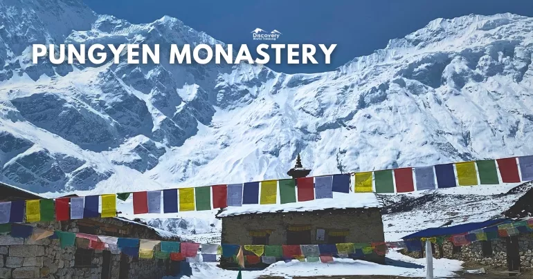 A serene image of a Buddhist monastery nestled in the Himalayas, with prayer flags fluttering in the wind and snow-capped peaks in the background. The monks are engaged in early morning meditations. This represents the cultural and spiritual experience.