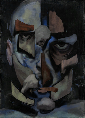 Concept art depicting a NetWatch agent in full tactical gear inside the datafort, bathed in red and blue lighting.