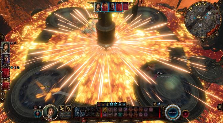 Grym standing in the lava, with visual effects indicating his vulnerability to bludgeoning damage.