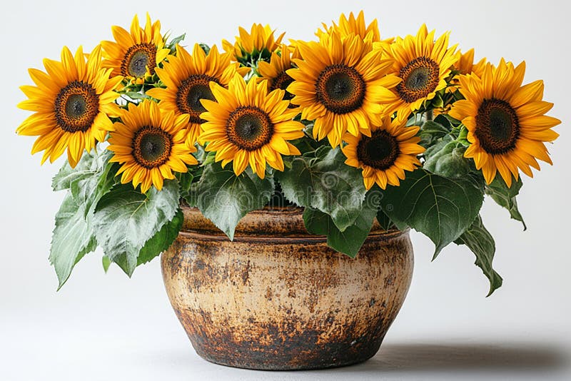 A medium shot of a garden bed featuring dwarf sunflower varieties like 'Teddy Bear'. Focus on the bushy growth habit and the abundance of blooms. Include a watering can (brass or copper) in the background, subtly suggesting water-wise practices.