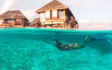 A couple snorkeling with manta rays in clear blue water