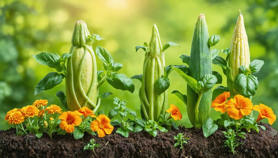 A field or garden patch of 'Butternut', 'Acorn', and 'Spaghetti' squash with a border of brightly colored nasturtium flowers (orange, yellow, red) surrounding it. The image is taken on a sunny day with a shallow depth of field, blurring the background to emphasize the squash and nasturtiums in the foreground. The composition highlights the contrast between the squash foliage and the vibrant nasturtium blooms.