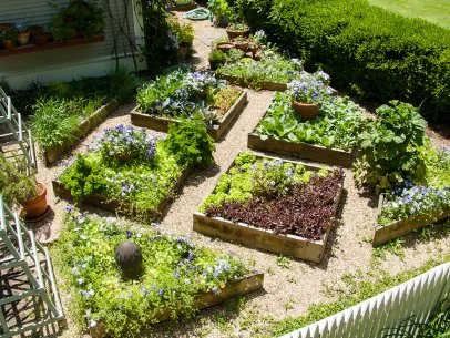 A decorative and functional raised garden bed with flowers and vegetables.
