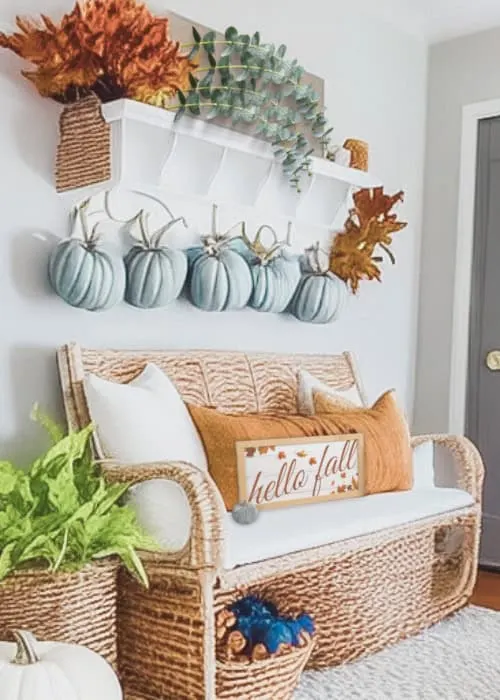 Fall entryway ideas with pumpkins and farmhouse decor