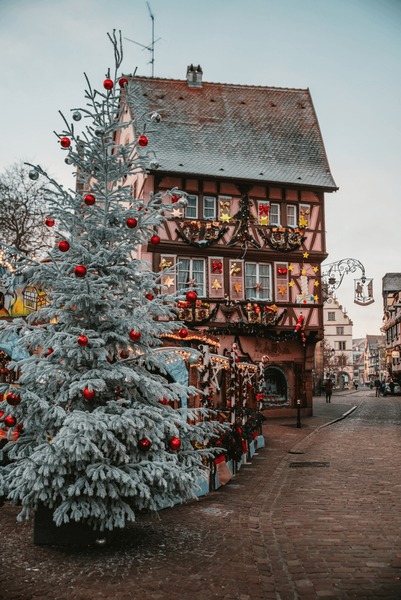 A canal tour boat gliding through Little Venice in Colmar, with colorful half-timbered houses and Christmas decorations reflecting in the water, illustrating the picturesque charm of the area.