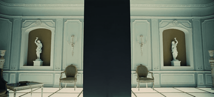A GIF showing the rotating masked figures in the Eyes Wide Shut orgy scene, capturing the hypnotic and unsettling atmosphere of the ritual.