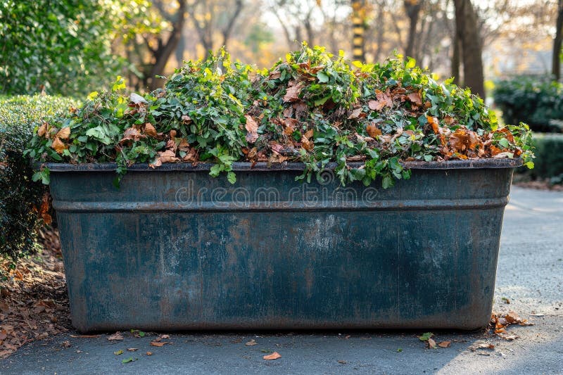 Green waste container overflowing with leaves and branches