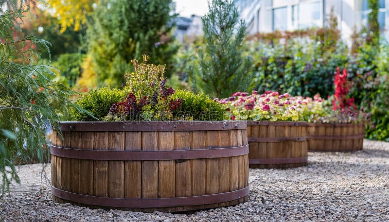 Beautiful green garden wooden barrel planters variety plants landscape design summer spring autumn season