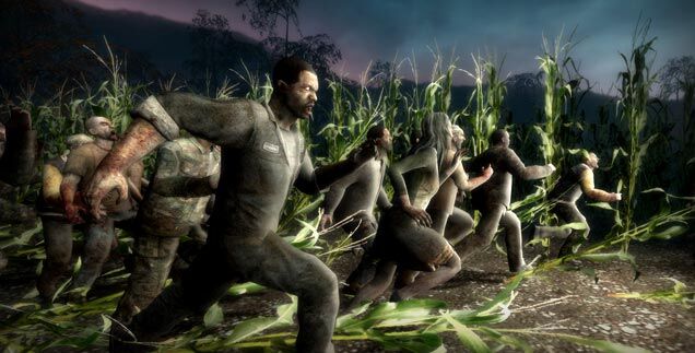 Gameplay screenshot Left 4 Dead 2 Dark Carnival cornfield horde attack fireworks in background, tense moment, low health, volumetric lighting, dynamic shadows, high detail.
