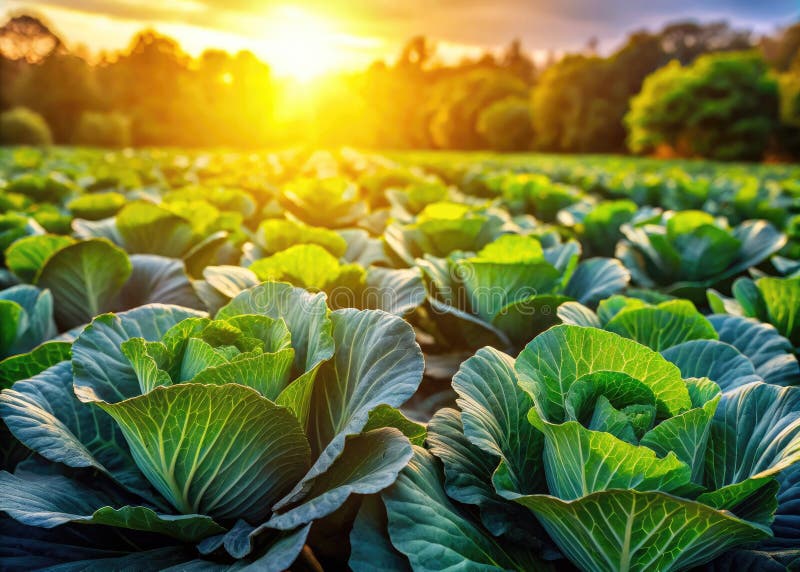 Sundrenched organic cabbage field