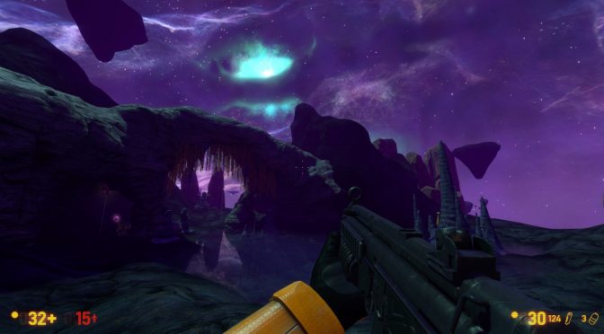 Gordon Freeman battles headcrabs in a dimly lit corridor, showcasing the enhanced lighting and enemy models.