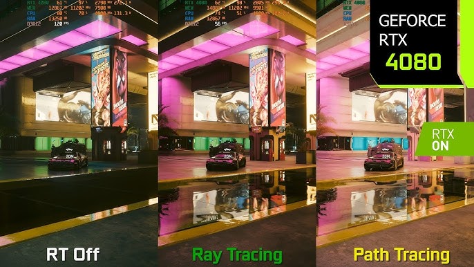A side-by-side comparison showcasing the visual differences between ray tracing enabled and disabled, focusing on reflections and lighting within the stadium environment. Include FPS readouts in each image.