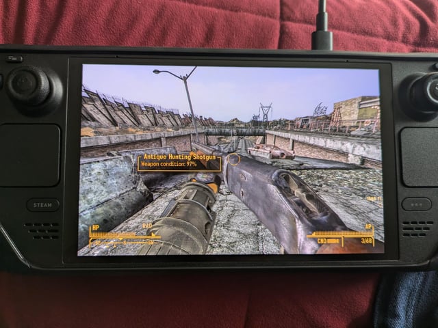 A character wielding a unique weapon added by the Equipment module (e.g., a custom-built energy rifle), aiming down the sights with a visible projectile trail and muzzle flash. The weapon is prominently displayed. The player is sprinting with the Core module.