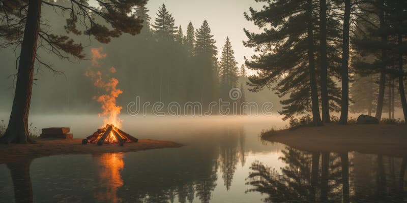 A tranquil campsite nestled beside a serene lake, surrounded by tall pine trees and illuminated by the warm glow of a campfire.