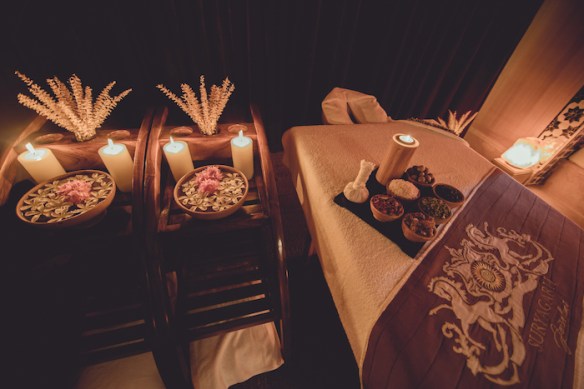 A serene Ayurvedic retreat in Kerala with traditional architecture amidst a dry landscape.