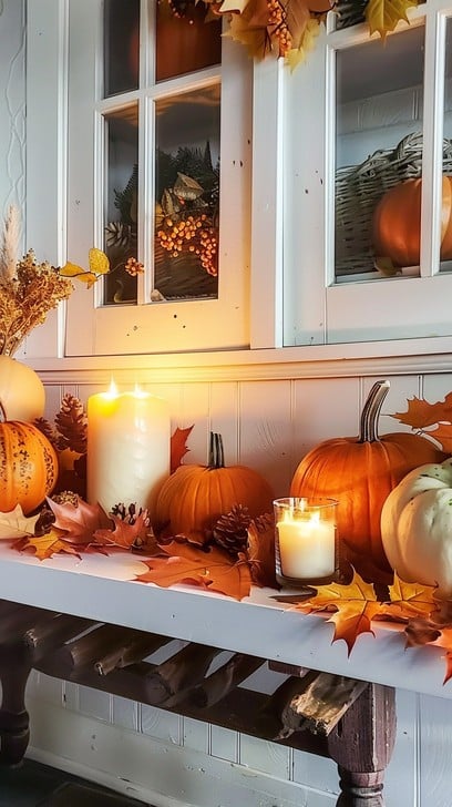A lantern with a candle inside, creating a warm autumn ambiance