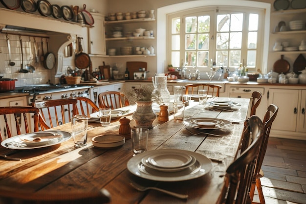 A rustic farmhouse kitchen with a long wooden table, bathed in warm sunlight, showcasing a cozy and inviting atmosphere.
