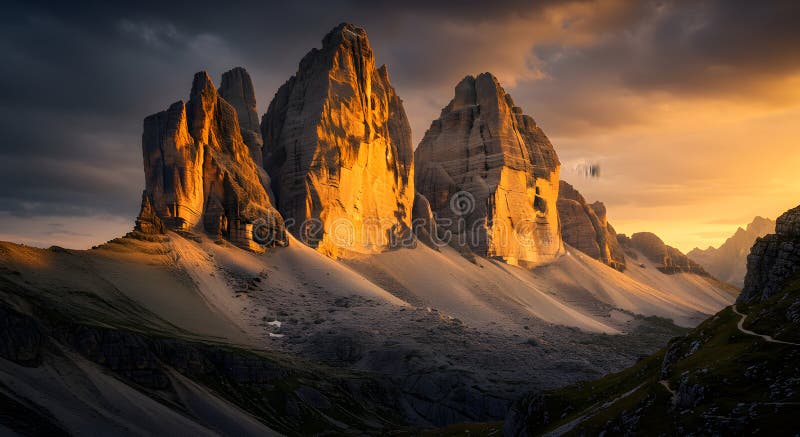 A breathtaking view of the Tre Cime di Lavaredo peaks in the Dolomites, Italy, with a vast alpine landscape in the foreground. This image represents the beauty of the Italian Alps and the excellent hiking.