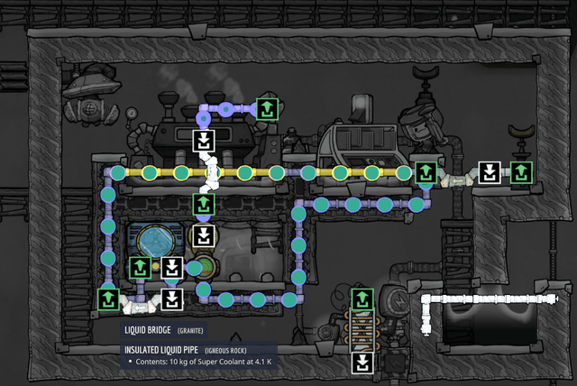 A tightly framed 1920x1080 screenshot showcasing a building fitted with a Piped Output connection. The connection should be actively pumping super coolant (visualized in a vibrant teal color) through transparent pipes. The surrounding buildings should be cleanly organized and bathed in soft, diffused lighting.